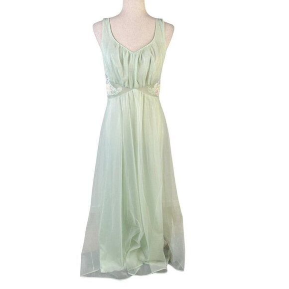 Vtg. Shadowline Mint Double Layer Nylon Chiffon Nightgown Floral Lace Gown Small - Picture 1 of 13